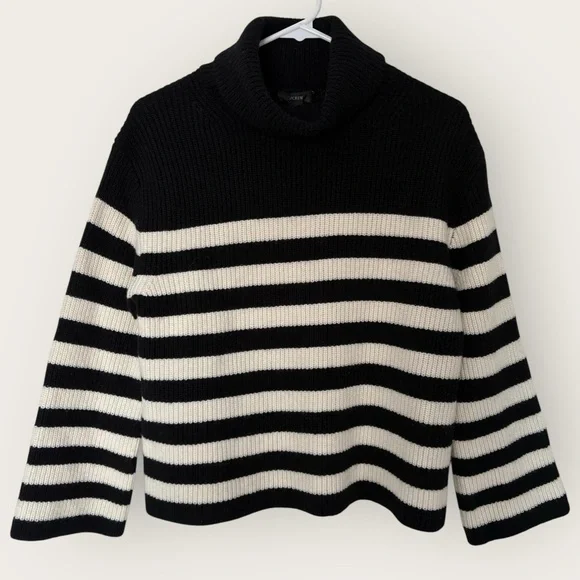 J. Crew Wool and Cashmere Relaxed Turtleneck Black and White Striped - Picture 3 of 6